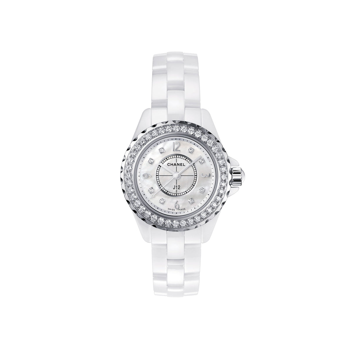 Shop Authentic Chanel J12 Diamonds Mother of Pearl White Dial White Steel Strap Watch for Women - J12 H5704 - Luxxuri