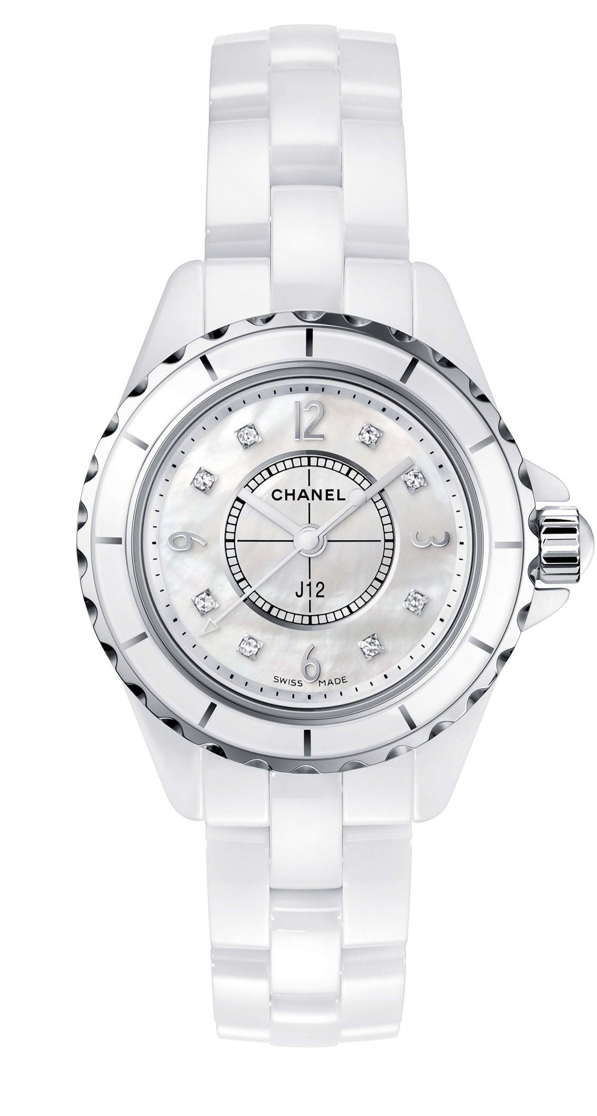 Shop Authentic Chanel J12 Diamonds Quartz Mother of Pearl White Dial White Steel Strap Watch for Women - J12 H2570 - Luxxuri