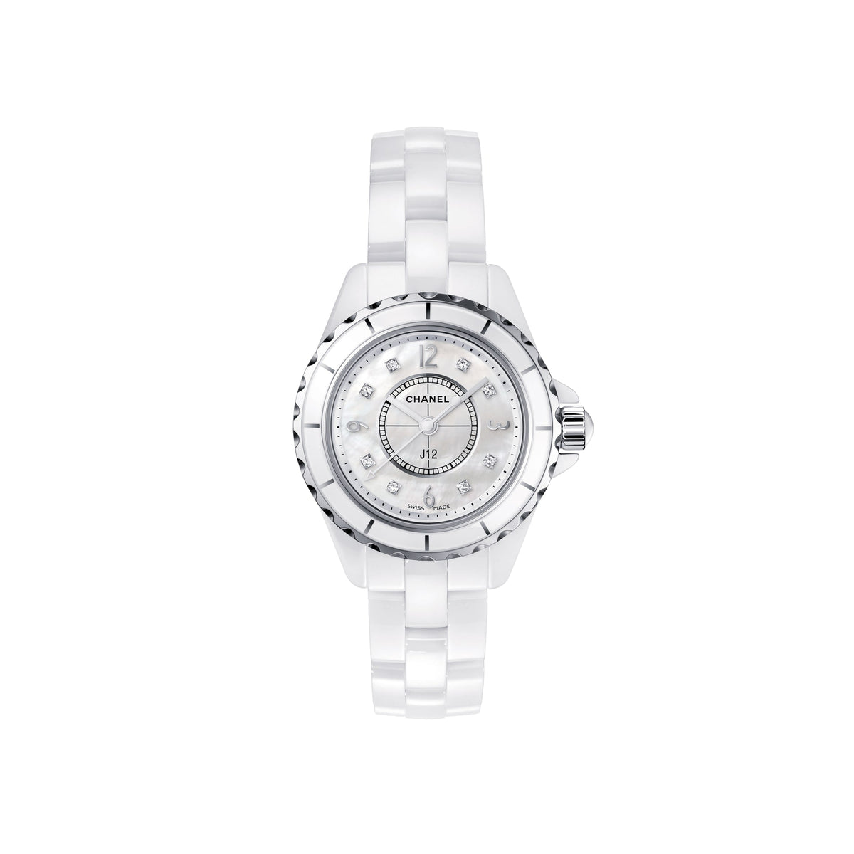Shop Authentic Chanel J12 Diamonds Mother of Pearl White Dial White Steel Strap Watch for Women - J12 H5704 - Luxxuri