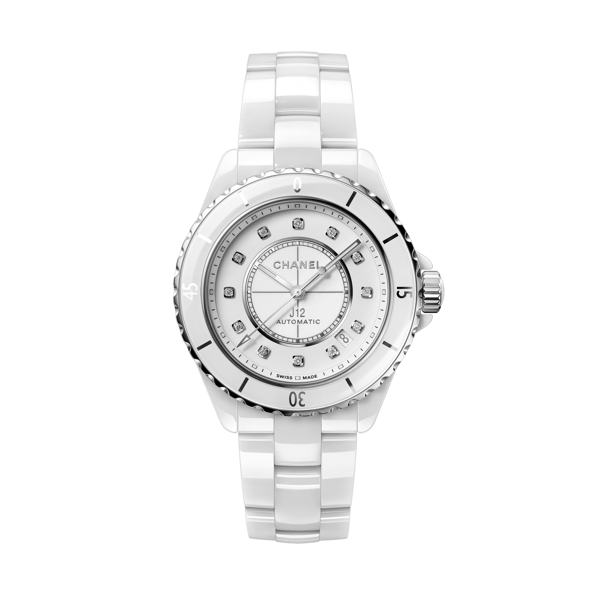 Shop Authentic Chanel J12 Diamonds Mother of Pearl White Dial White Steel Strap Watch for Women - J12 H5704 - Luxxuri
