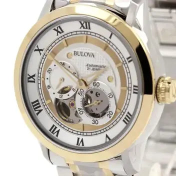 Shop Authentic Bulova BVA Skeleton Silver Dial Two Tone Steel Strap Watch for Men - 98A123 - Luxxuri