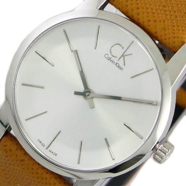 Shop Authentic Calvin Klein City Silver Dial Light Brown Leather Strap Watch For Women- K2G23120 - Luxxuri