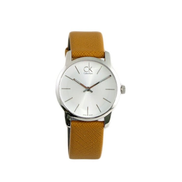 Shop Authentic Calvin Klein City Silver Dial Light Brown Leather Strap Watch For Women- K2G23120 - Luxxuri