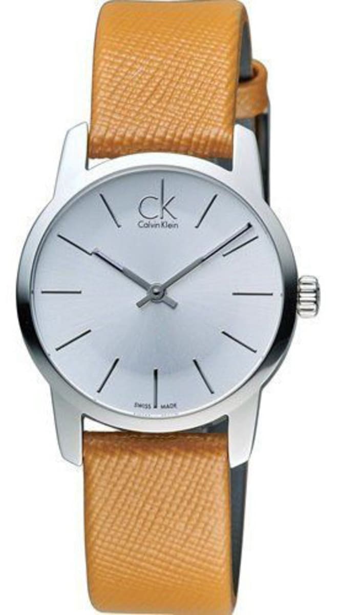 Shop Authentic Calvin Klein City Silver Dial Light Brown Leather Strap Watch For Women- K2G23120 - Luxxuri
