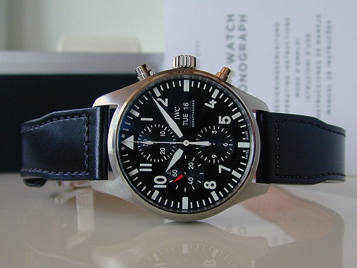 Shop Authentic IWC Pilot's Watch Chronograph Black Dial Black Leather Strap Watch for Men - IW377709 - Luxxuri