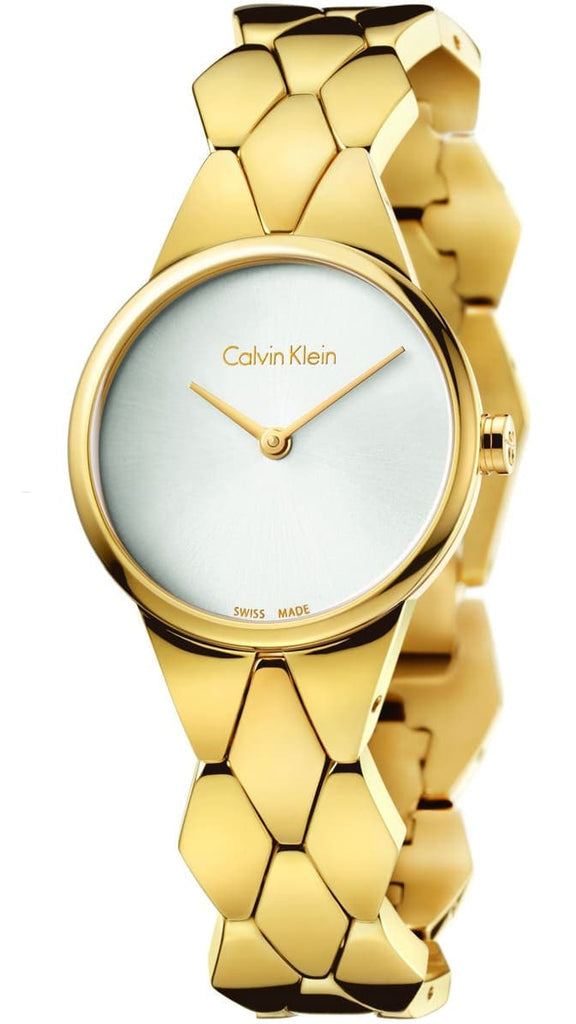 Shop Authentic Calvin Klein Snake Silver Dial Yellow Gold Steel Strap Watch For Women - K6E23546 - Luxxuri