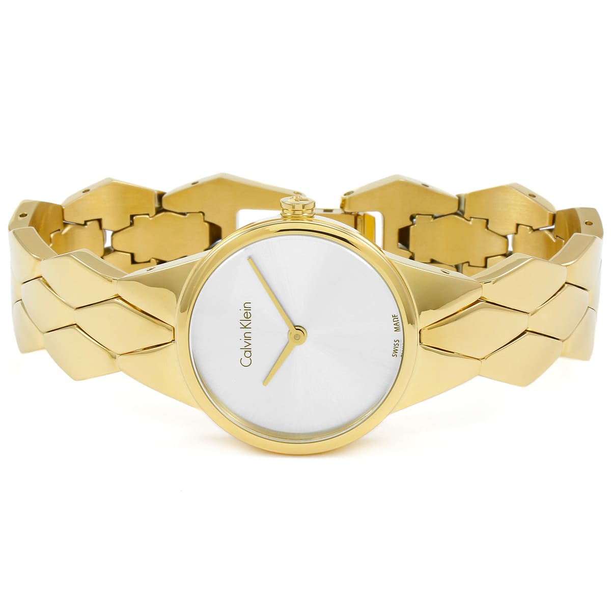 Shop Authentic Calvin Klein Snake Silver Dial Yellow Gold Steel Strap Watch For Women - K6E23546 - Luxxuri