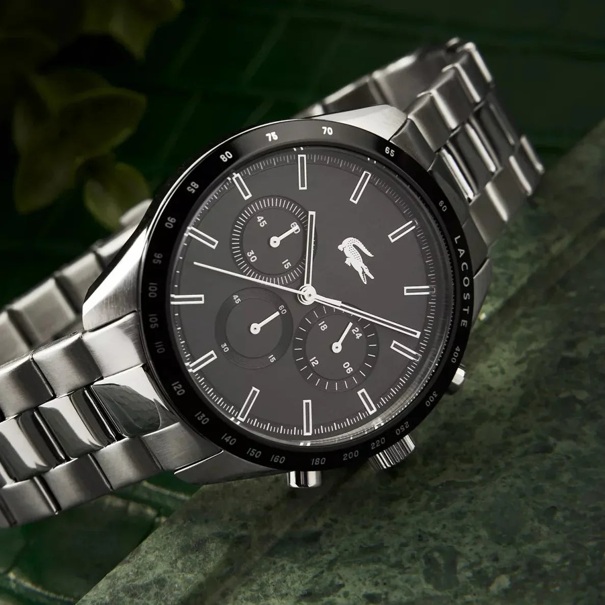 Lacoste Boston Chronograph Black Dial Silver Steel Strap Watch for Men - 2011079