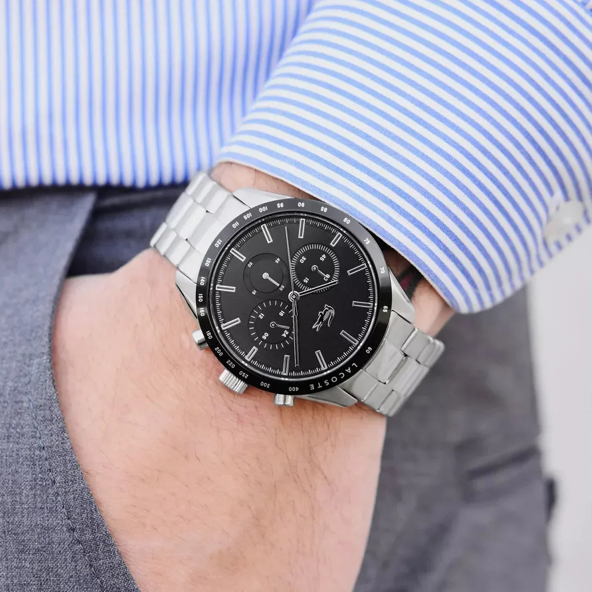 Lacoste Boston Chronograph Black Dial Silver Steel Strap Watch for Men - 2011079