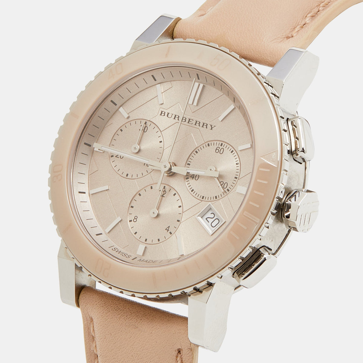 Shop Authentic Burberry Chronograph Rose Gold Dial Beige Leather Strap Watch for Women - BU9704 - Luxxuri