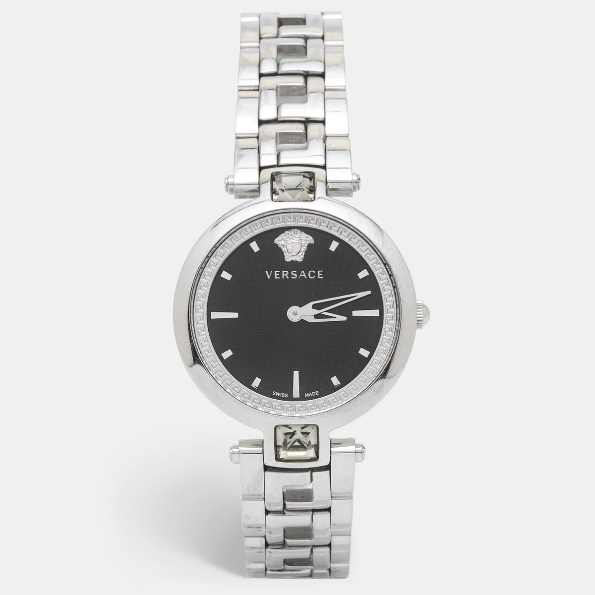 Versace Crystal Gleam Guilloche Black Dial Silver Steel Strap Watch for Women - VAN030016