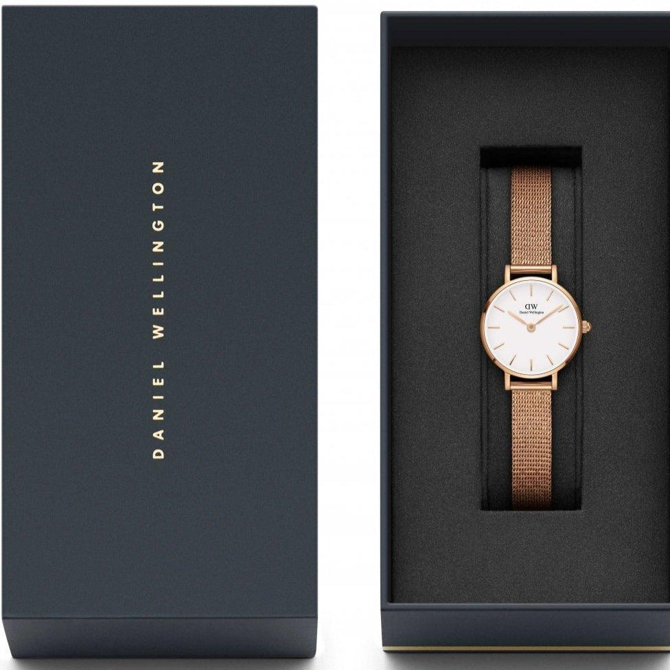 Shop Authentic Daniel Wellington Petite Pressed Melrose White Dial Gold Mesh Bracelet Watch For Women - DW00100447 - Luxxuri