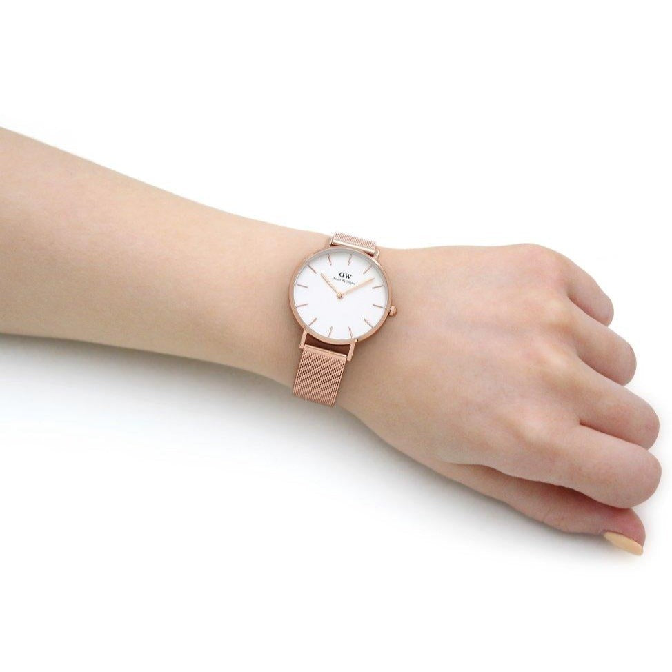 Shop Authentic Daniel Wellington Classic Petite Melrose White Dial Rose Gold Mesh Bracelet Watch For Women - DW00100163 - Luxxuri