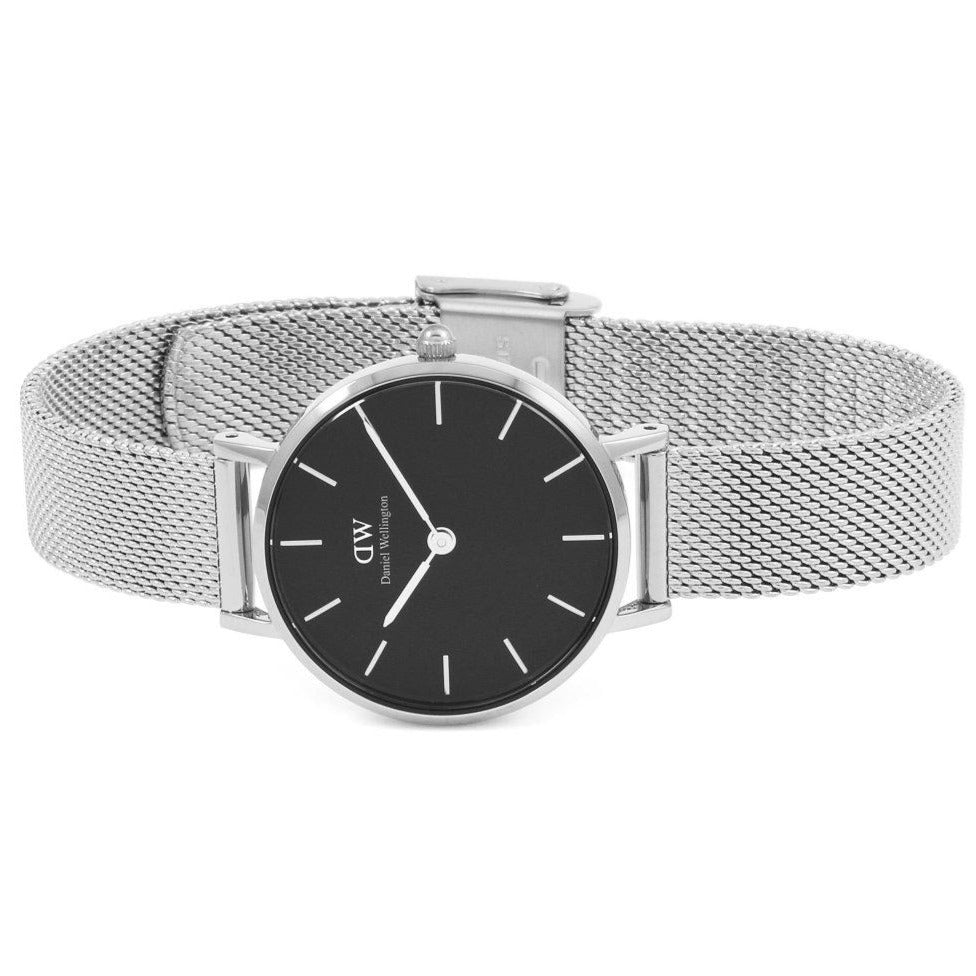 Shop Authentic Daniel Wellington Petite Sterling Black Dial Silver Mesh Bracelet Watch For Women - DW00100218 - Luxxuri