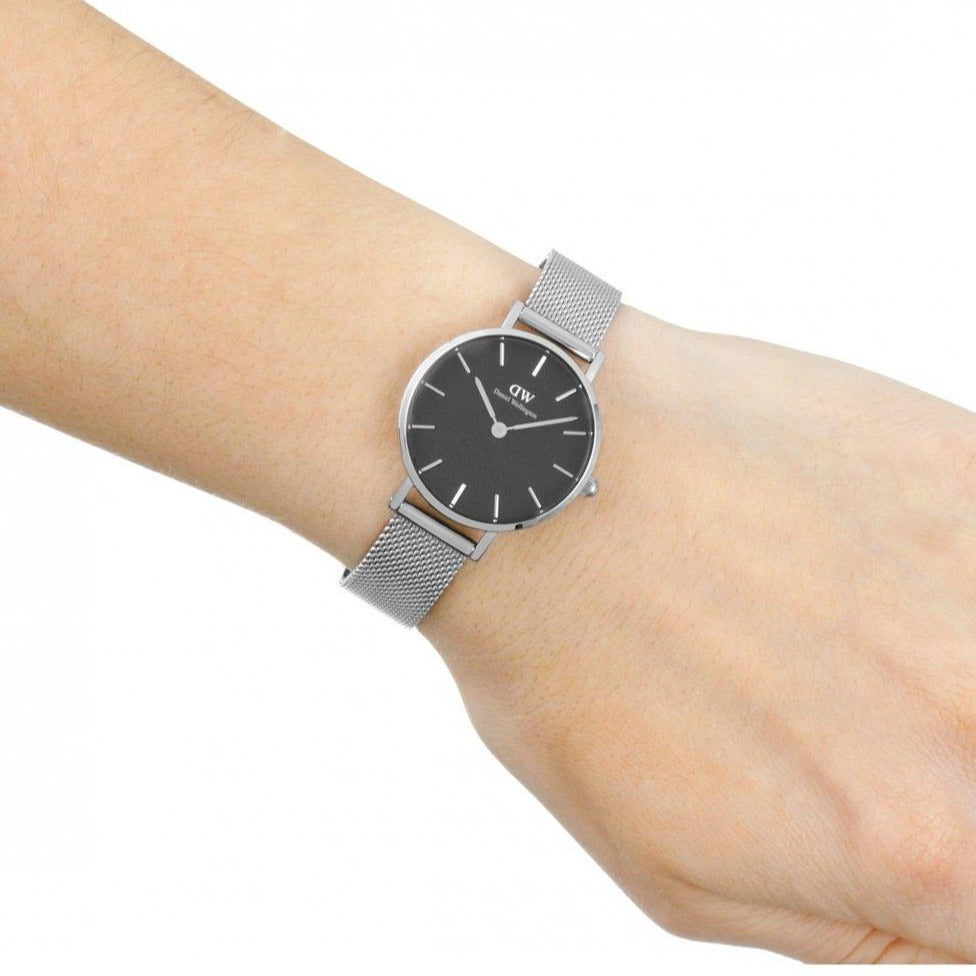 Shop Authentic Daniel Wellington Petite Sterling Black Dial Silver Mesh Bracelet Watch For Women - DW00100218 - Luxxuri