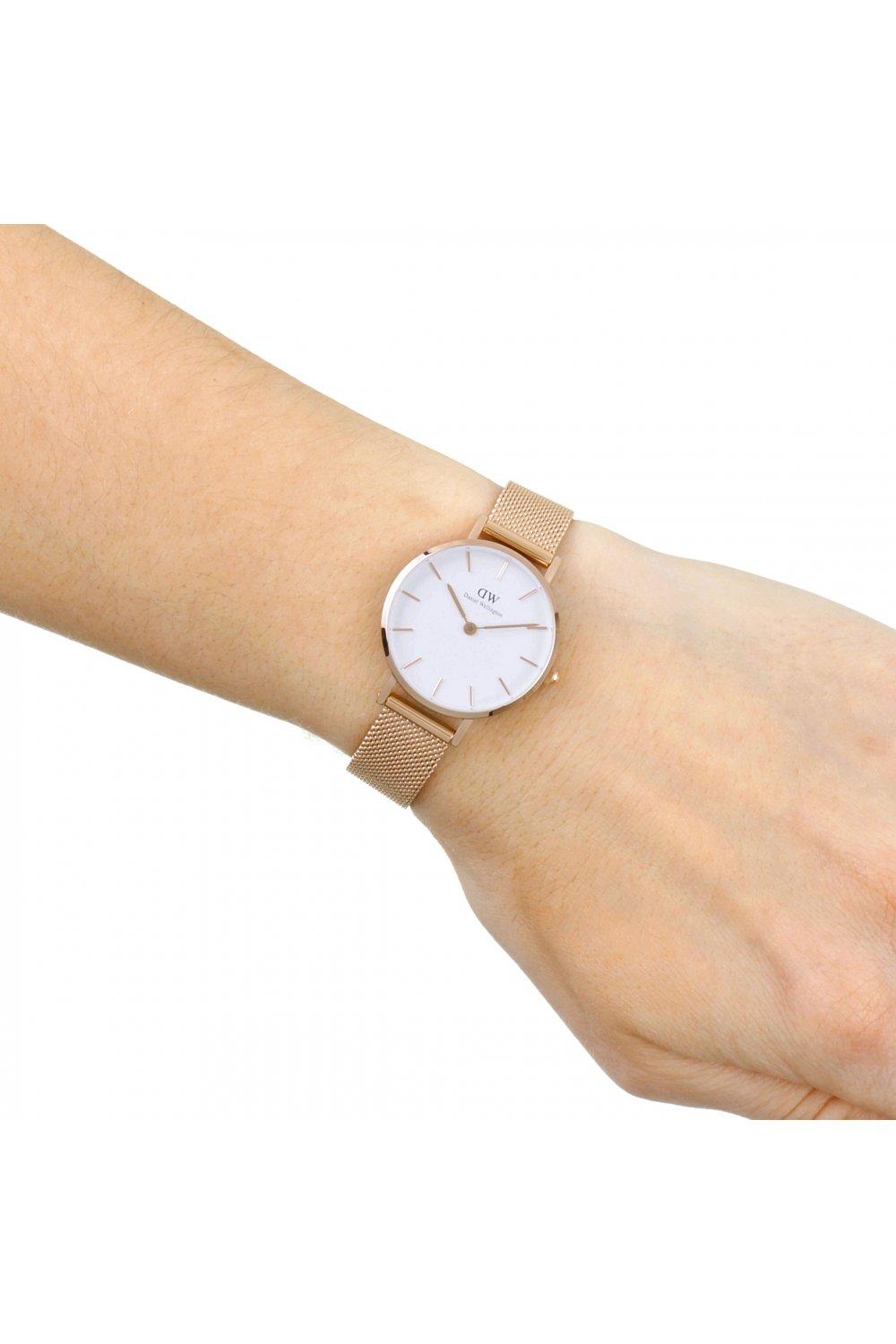 Shop Authentic Daniel Wellington Classic Petite White Dial Rose Gold Mesh Bracelet Watch For Women - DW00100219 - Luxxuri