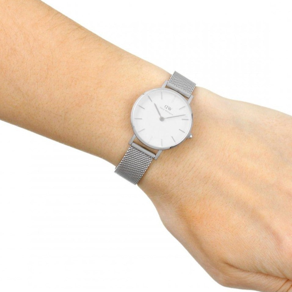 Shop Authentic Daniel Wellington Petite Sterling White Dial Silver Mesh Bracelet Watch For Women - DW00100220 - Luxxuri