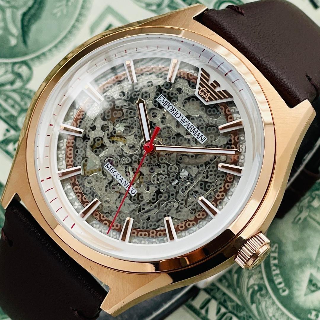 Shop Authentic Emporio Armani Meccanico White Skeleton Dial Brown Leather Strap Watch For Men - AR60005 - Luxxuri