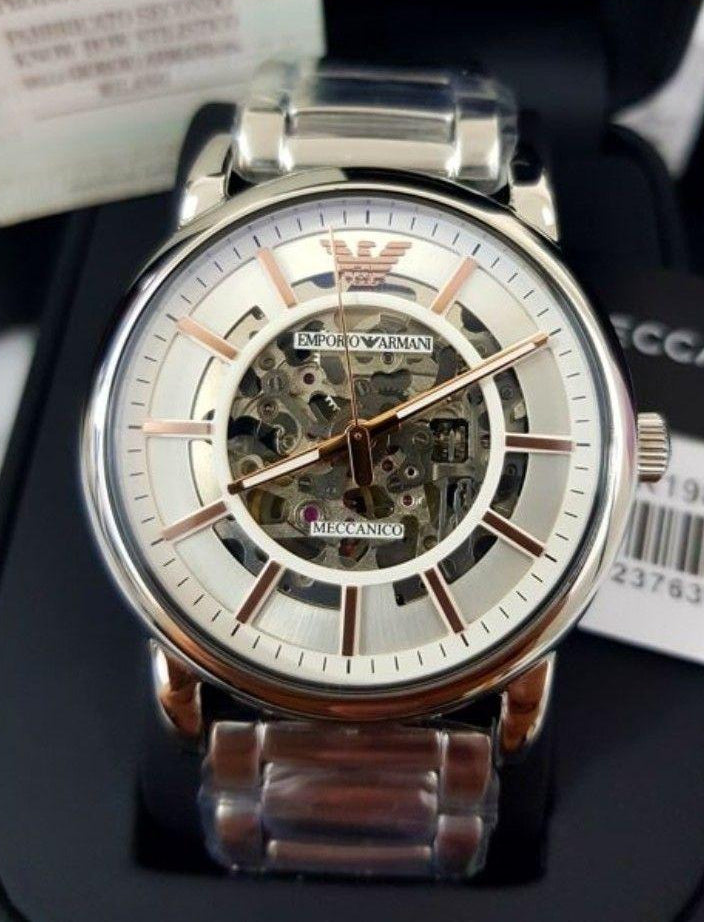 Shop Authentic Emporio Armani Meccanico Skeleton Silver Dial Silver Steel Strap Watch For Men - AR1980 - Luxxuri