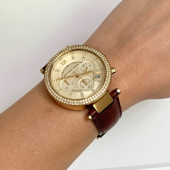 Shop Authentic Michael Kors Parker Champagne Dial Brown Leather Strap Watch for Women - MK2249 - Luxxuri