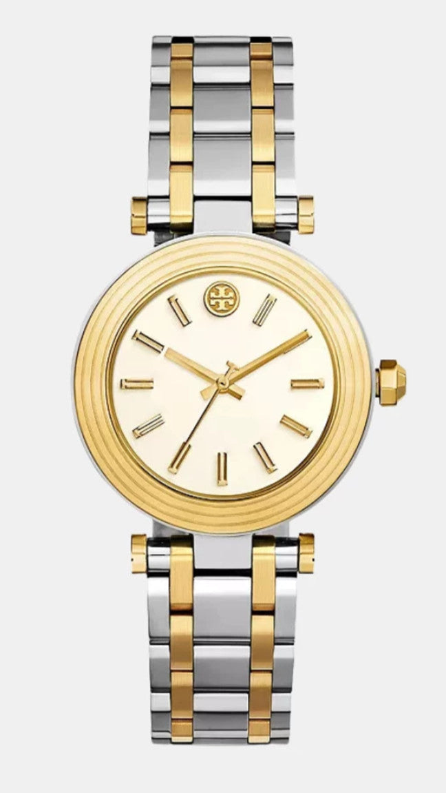 Tory Burch Classic T White Dial Two Tone Steel Strap Watch for Women - TBW9014