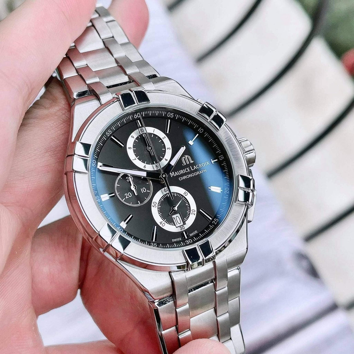 Shop Authentic Maurice Lacroix Aikon Chronograph Black Dial Silver Steel Strap Watch for Men - AI1018-SS002-330-1 - Luxxuri