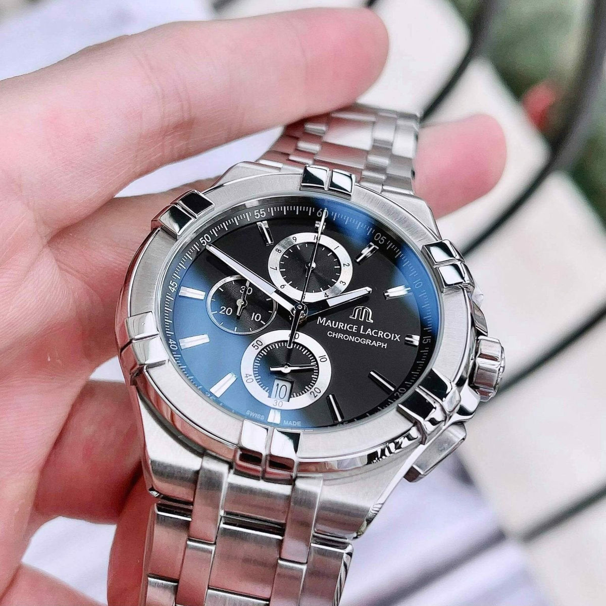 Shop Authentic Maurice Lacroix Aikon Chronograph Black Dial Silver Steel Strap Watch for Men - AI1018-SS002-330-1 - Luxxuri
