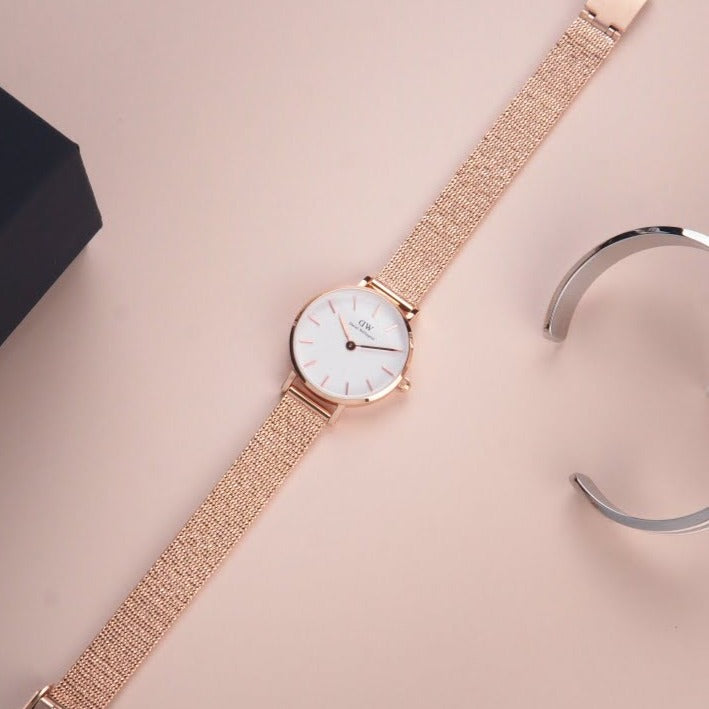 Shop Authentic Daniel Wellington Petite Pressed Melrose White Dial Gold Mesh Bracelet Watch For Women - DW00100447 - Luxxuri