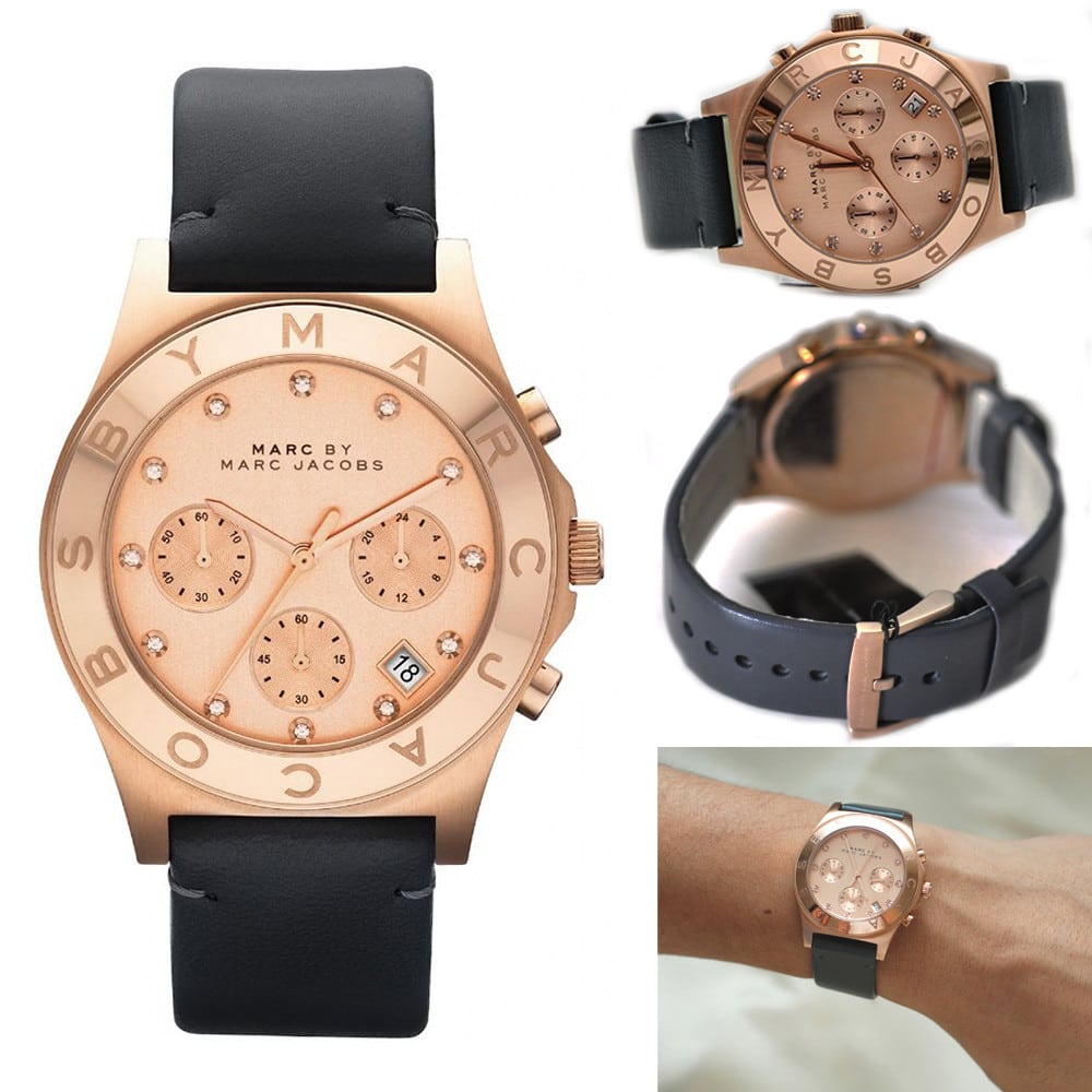Shop Authentic Marc Jacobs Blade Chronograph Rose Gold Dial Black Leather Strap Watch for Women - MBM1188 - Luxxuri