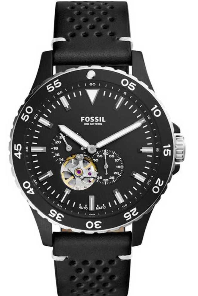 Shop Authentic Fossil Crewmaster Sports Automatic Black Dial Black Leather Strap Watch for Men - ME3148 - Luxxuri