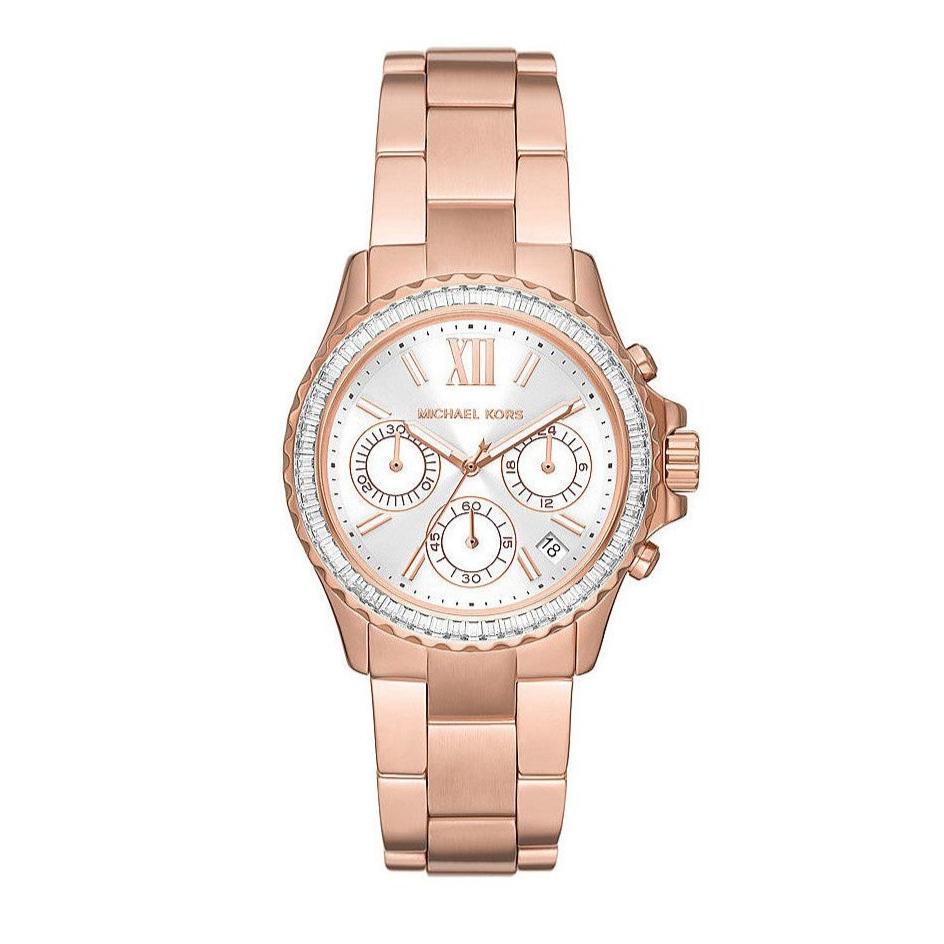 Shop Authentic Michael Kors Everest Chronograph Silver Dial Rose Gold Steel Strap Watch For Women - MK7213 - Luxxuri