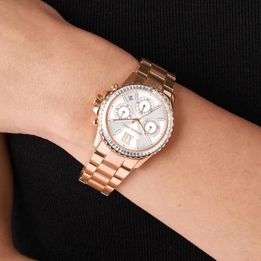 Shop Authentic Michael Kors Everest Chronograph Silver Dial Rose Gold Steel Strap Watch For Women - MK7213 - Luxxuri