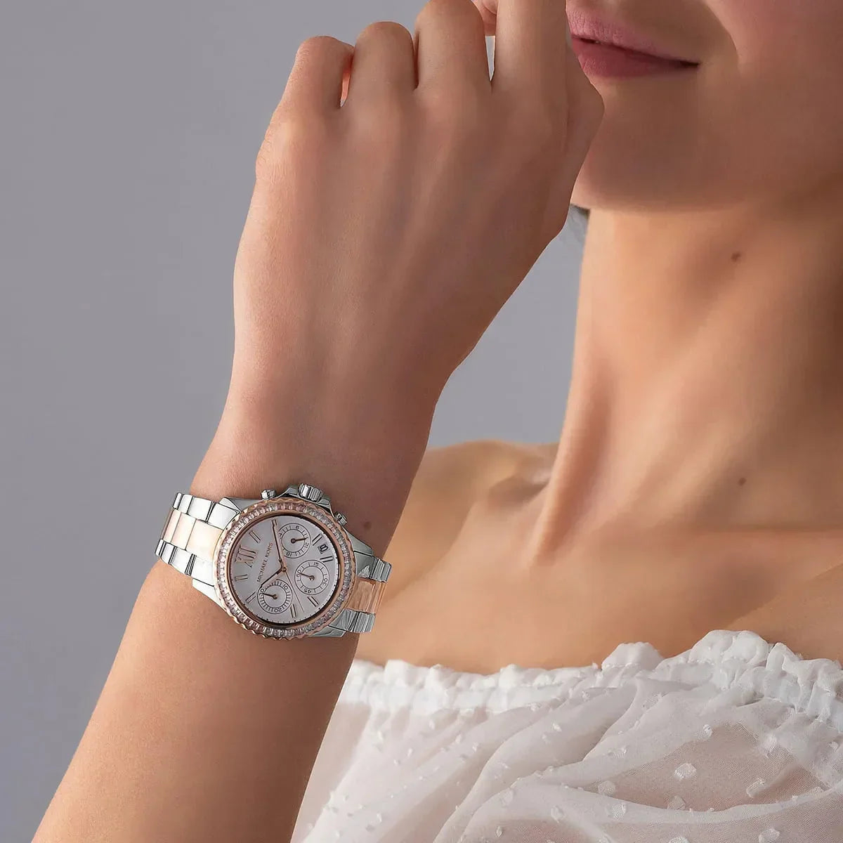 Shop Authentic Michael Kors Everest Chronograph White Dial Two Tone Steel Strap Watch For Women - MK7214 - Luxxuri