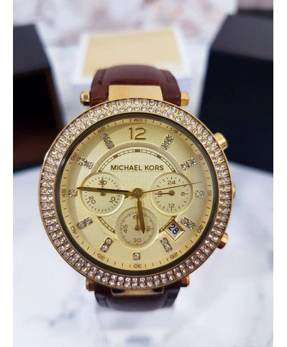 Shop Authentic Michael Kors Parker Champagne Dial Brown Leather Strap Watch for Women - MK2249 - Luxxuri