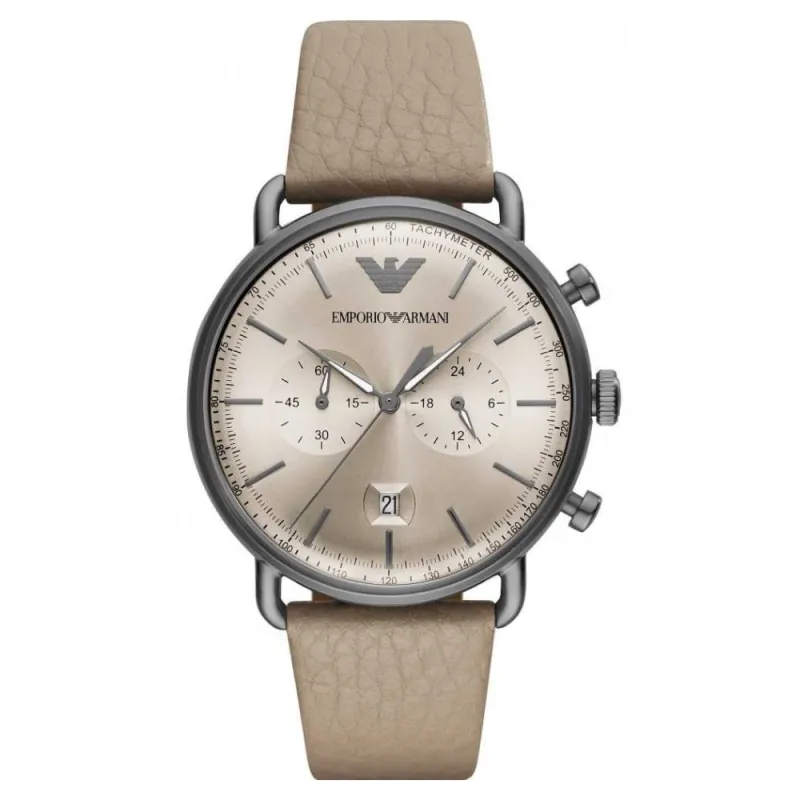 Shop Authentic Emporio Armani Aviator Chronograph Quartz Grey Dial Beige Leather Strap Watch For Men - AR11107 - Luxxuri