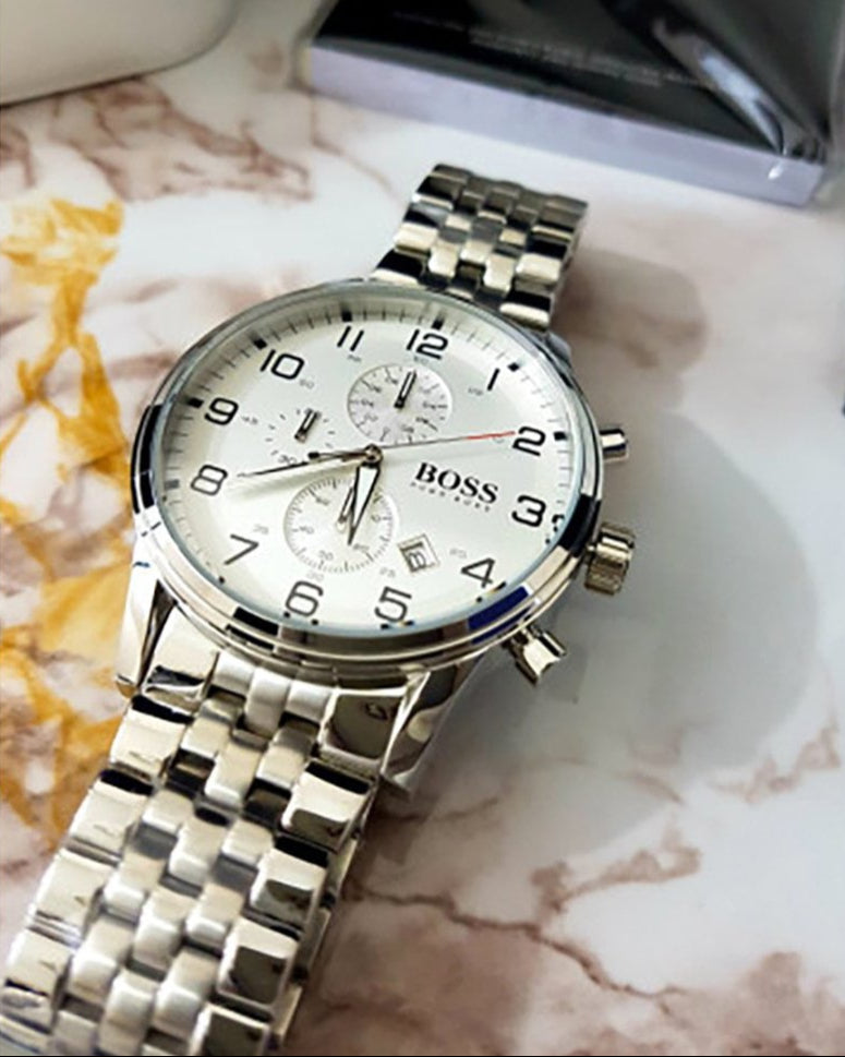 Shop Authentic Hugo Boss Aeroliner Chronograph White Dial Silver Steel Strap Watch For Men - 1512445 - Luxxuri