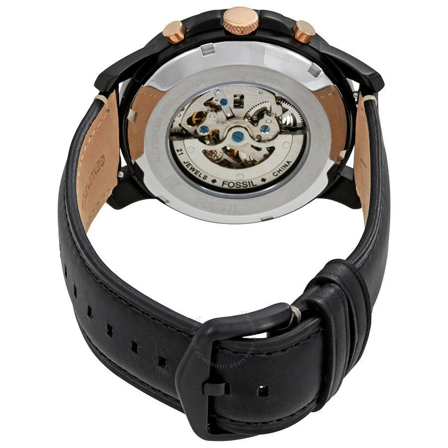 Fossil Grant Automatic Chronograph Black Dial Black Leather Strap Watch for Men - ME3028
