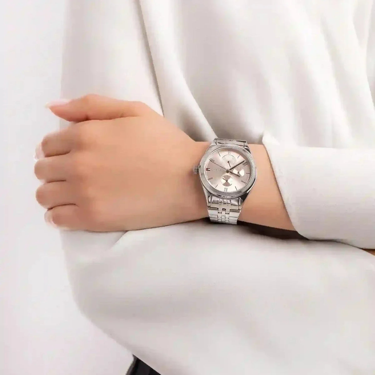 Shop Authentic Tommy Hilfiger Monica Multifunction Chronograph Pink Dial Silver Steel Strap Watch For Women - 1782590 - Luxxuri