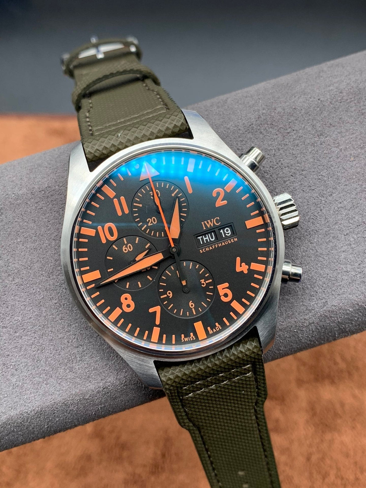 Shop Authentic IWC Pilot's Watch Chronograph Black Dial Olive Green Calfskin Strap Watch for Men - IW377730 - Luxxuri