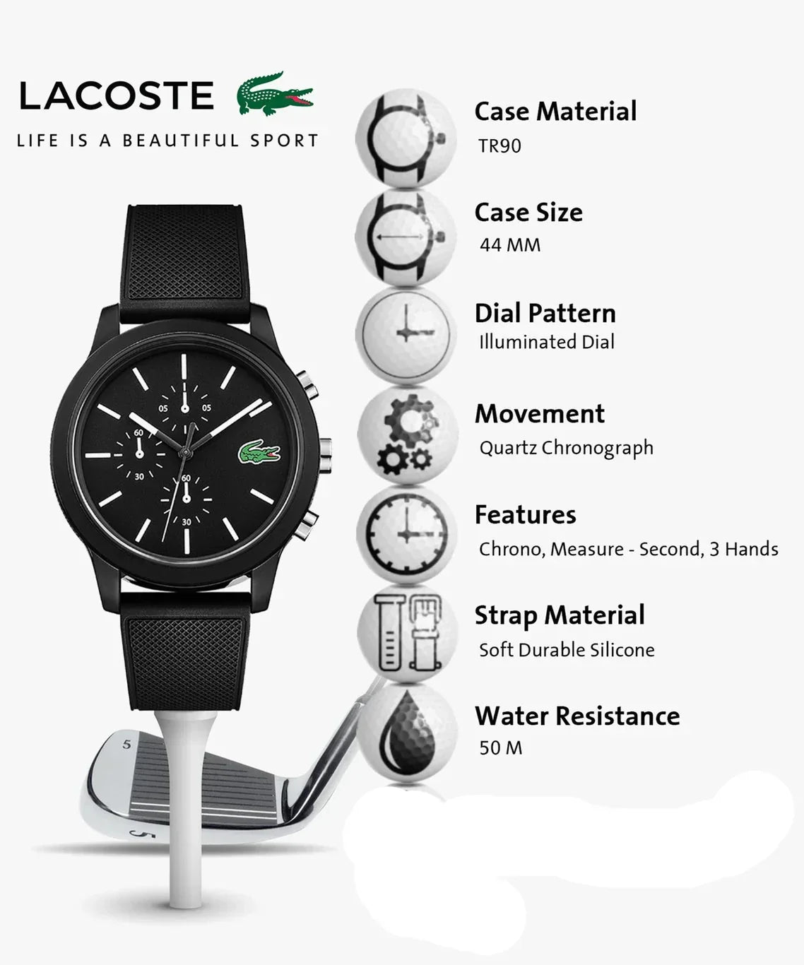 Lacoste 12.12 Chronograph Black Dial Black Silicone Strap Watch for Men - 2010972