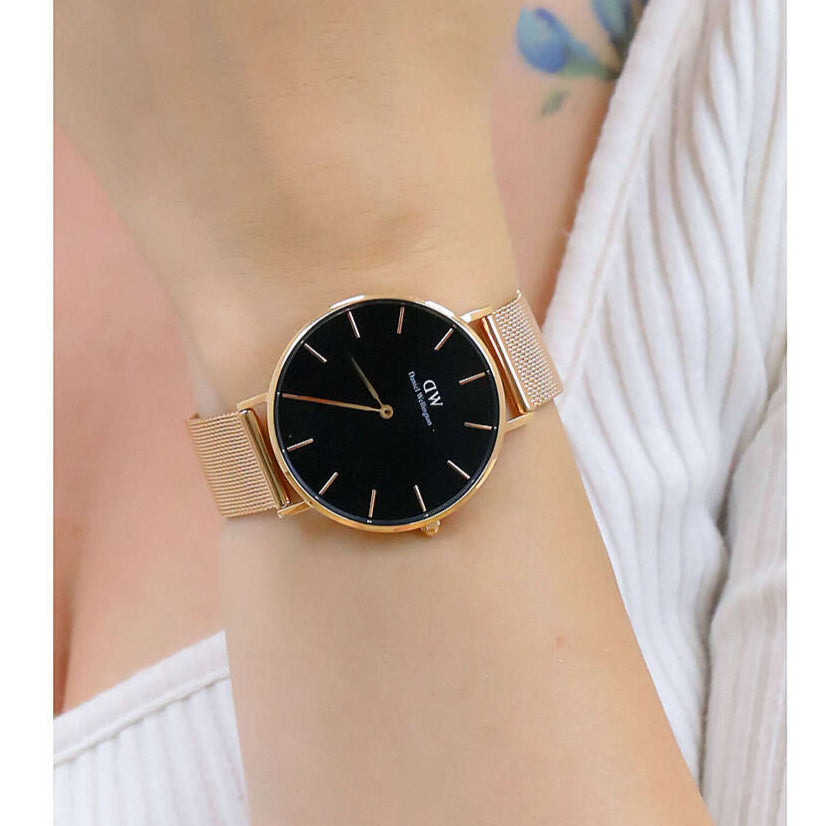 Shop Authentic Daniel Wellington Petite Melrose Black Dial Rose Gold Mesh Strap Watch For Women - DW00100303 - Luxxuri