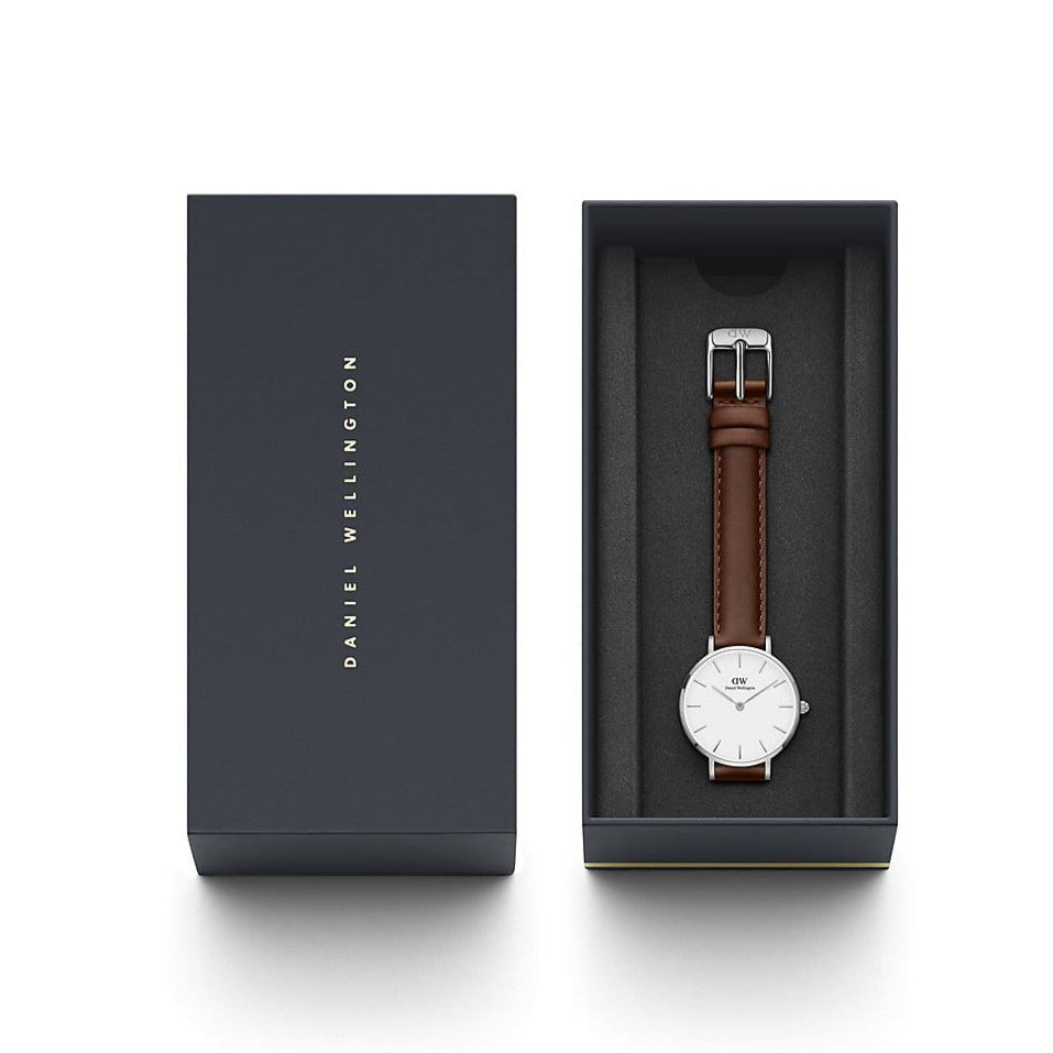 Shop Authentic Daniel Wellington Petite White Dial Brown Leather Strap Watch For Women - DW00100243 - Luxxuri