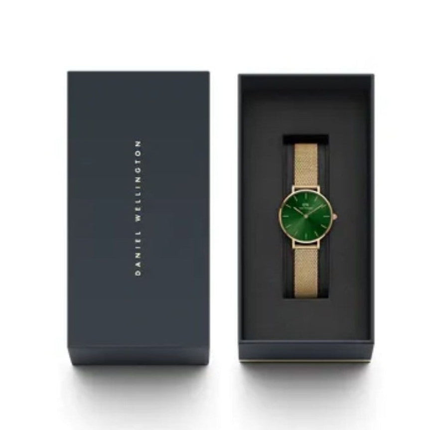 Shop Authentic Daniel Wellington Petite Emerald Green Dial Gold Mesh Strap Watch For Women - DW00100481 - Luxxuri