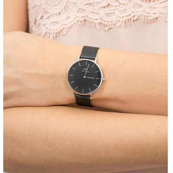 Shop Authentic Daniel Wellington Petite Ashfield Black Dial Black Mesh Strap Watch For Women - DW00100202 - Luxxuri