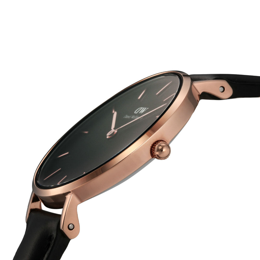 Shop Authentic Daniel Wellington Petite Sheffield Black Dial Black Leather Strap Watch For Women - DW00100168 - Luxxuri