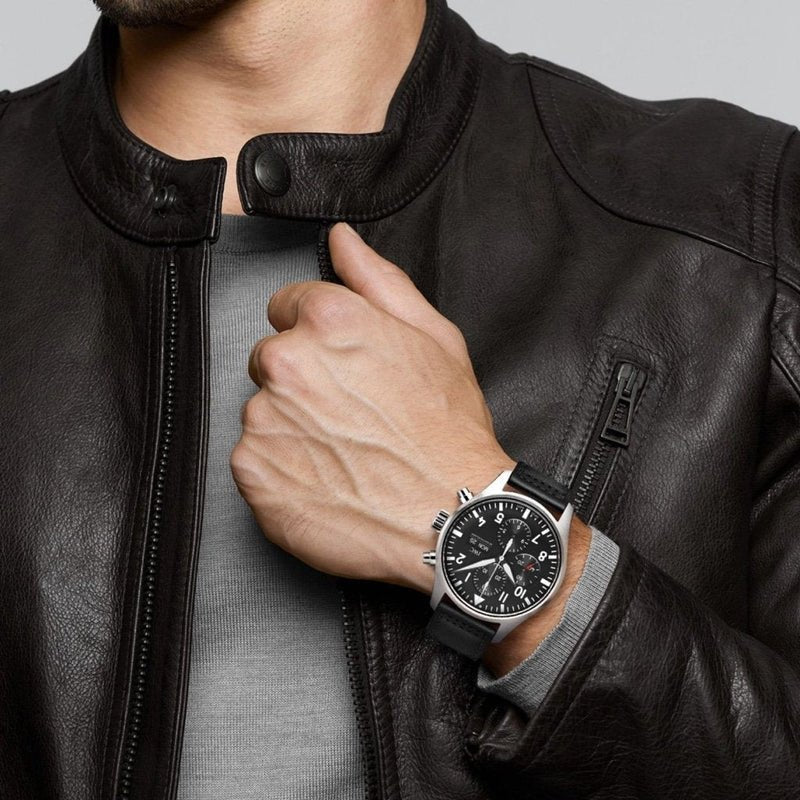 Shop Authentic IWC Pilot's Watch Chronograph Black Dial Black Leather Strap Watch for Men - IW377709 - Luxxuri