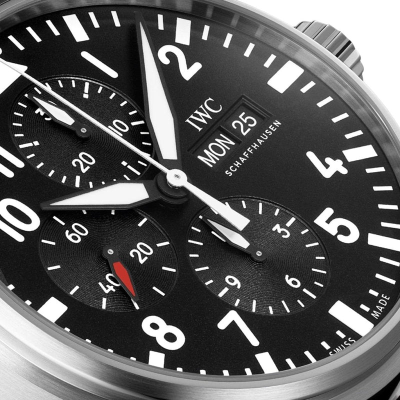 Shop Authentic IWC Pilot's Watch Chronograph Black Dial Black Leather Strap Watch for Men - IW377709 - Luxxuri
