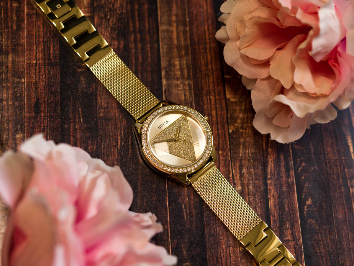 Guess Tri Glitz Quartz Diamonds Gold Dial Gold Mesh Bracelet Watch For Women - W1142L2