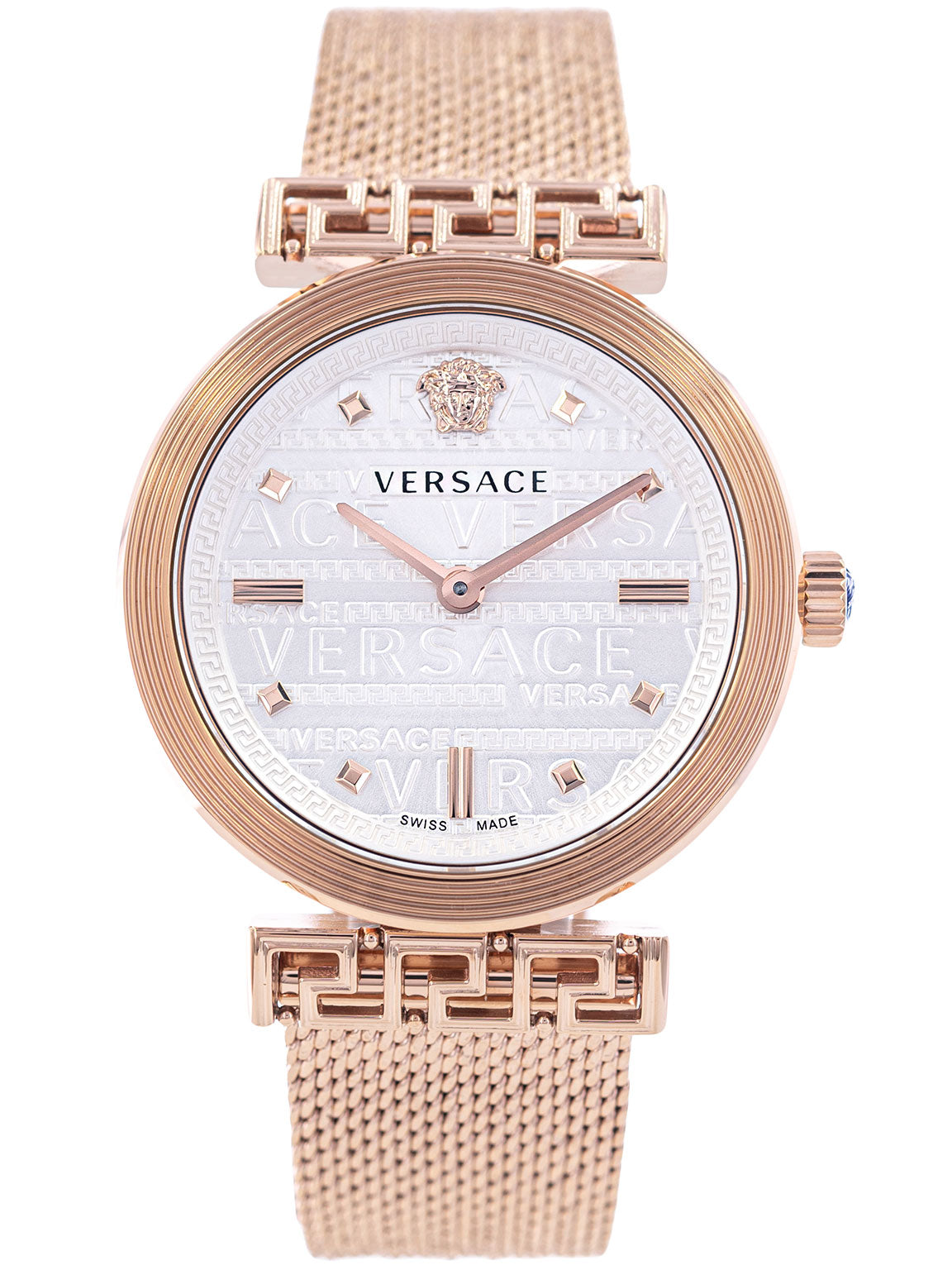 Shop Authentic Versace Meander White Dial Rose Gold Mesh Bracelet Watch for Women - VELW00620 - Luxxuri