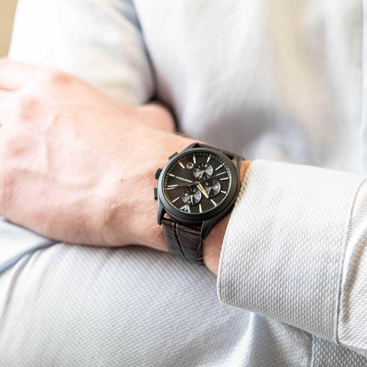 Shop Authentic Emporio Armani Paolo Chronograph Black Dial Brown Leather Strap Watch For Men - AR11549 - Luxxuri